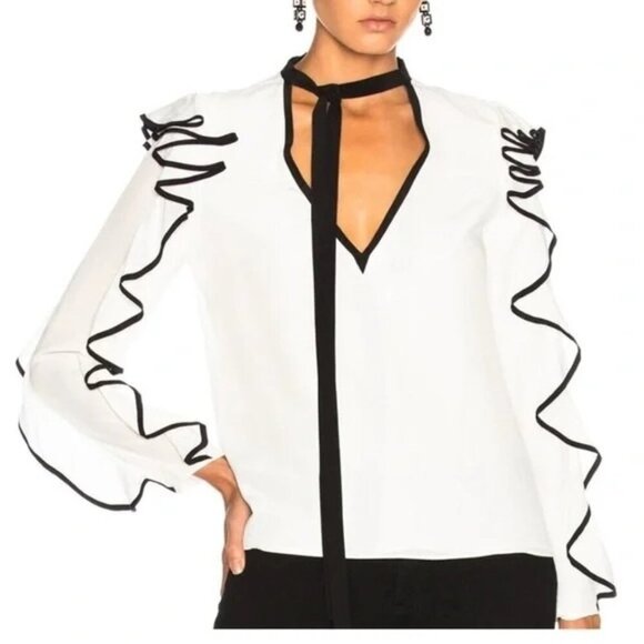 Alexis Darcy Blouse Ruffle Sleeve Tie Neck Contrast Trim - Picture 1 of 11